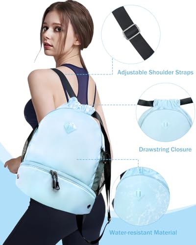 RHDZO Drawstring Backpack Gym Backpack with Shoe Compartment for Men Women String Sports Bag with Wet Pocket Cinch Swim Beach Bag, Large Blue - color: Large Blue