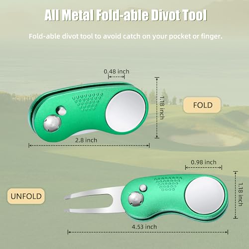Mile High Life Golf Divot Repair Tool, All Metal Foldable Divot Tool with Pop-up Button & Magnetic Ball Marker - color: Green Curve