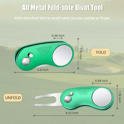 Mile High Life Golf Divot Repair Tool, All Metal Foldable Divot Tool with Pop-up Button & Magnetic Ball Marker - color: Green Curve
