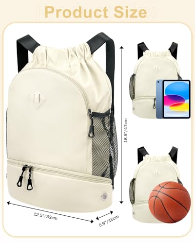 RHDZO Drawstring Backpack Gym Backpack with Shoe Compartment for Men Women String Sports Bag with Wet Pocket Cinch Swim Beach Bag, Large Beige - color: Large Beige