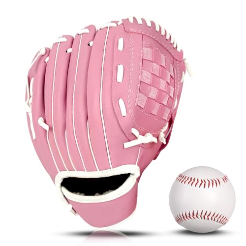 Baseball Glove + Ball Sets, Softball Glove, Baseball Mitt, 10.5''-12.5'' for Youth/Adult Training and Beginner Play, Synthetic Leather Softball Mitt - color: PinK, size: 10.5"