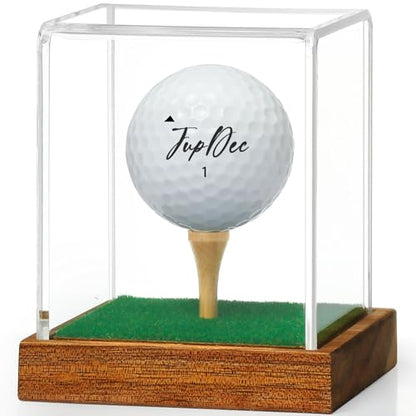 JupDec Golf Ball Display Case Clear Acrylic Memorabilia Stand Cube Holder with Wood Base & Tee, Dust Protection Transparent Storage Box for Single Ball Souvenir Golfball Collections, Brown, 1 Pack - size: 1 Pack