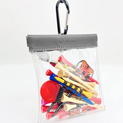 Golf Tee Pouch Bag Organizer with Clip, Transparent Squeeze Top Pocket for Golf Accessory and Valuable | 15 Bamboo Tees Included - color: Grey