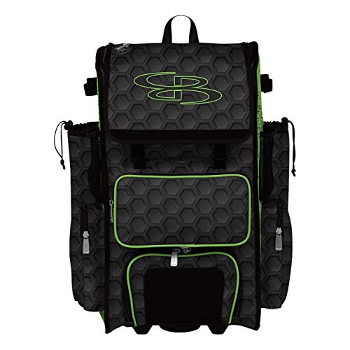 Boombah Rolling Superpack 2.0 3DHC Baseball/Softball Gear Bag - 23-1/2" x 13-1/2" x 9-1/2" - Multiple Colors - Telescopic Handle and Holds 4 Bats - Wheeled Version - color: Black/Lime Green