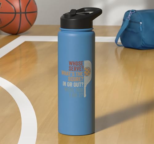 Whose Serve What's the Score Funny Pickleball Questions Stainless Steel Insulated Water Bottle - color: Light Blue