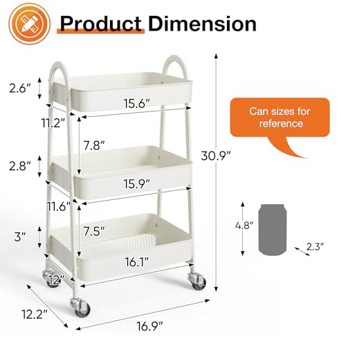 NEWBULIG 3-Tier Rolling Storage Cart, Metal Mobile Utility Organizer Shelf with Lockable Wheels, Space-Saving Freestanding Storage for Bathroom Living Room and Narrow Corner Spaces, White