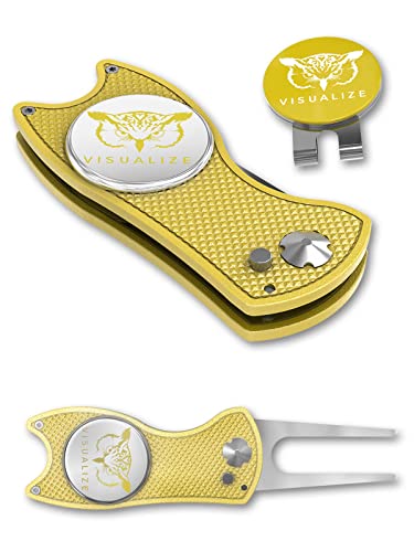 VISUALIZE Elite Switchblade Golf Divot Repair Tool Set with Ball Marker - Sturdy Anodized Aluminum - Perfect Golf Accessory Gift - color: Yellow