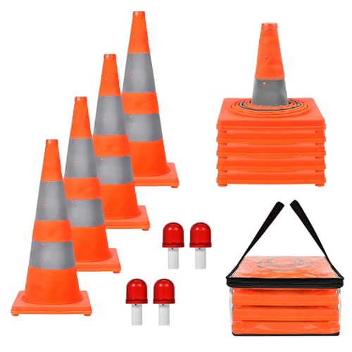 WHDZ 28 inch Collapsible Traffic Cones with LED Light Multi Purpose Pop up Reflective Safety Cones 4 Pack Orange - color: Orange