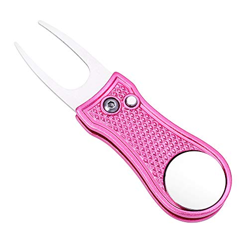 Mile High Life Golf Divot Repair Tool, All Metal Foldable Divot Tool with Pop-up Button & Magnetic Ball Marker - color: Pink Bone
