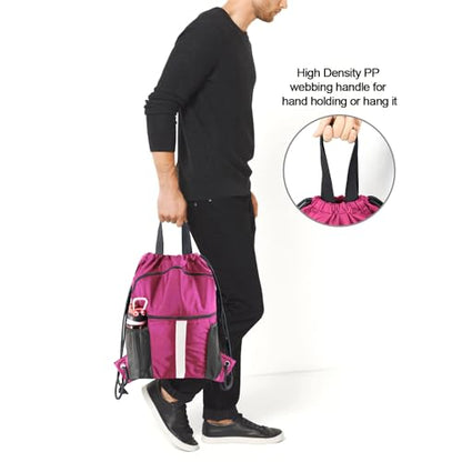 BeeGreen Drawstring Backpack Bag with Shoe Compartment, X-Large Black Gym Sports String Cinch Backpack - color: Rose Red