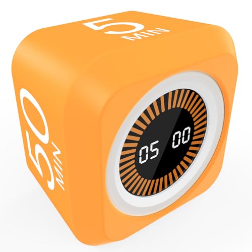 Rotating Cube Pomodoro Visual Timer 5, 25, 10 50 Minutes Preset, Rechargeable Desk Productivity Flip Custom Countdown Timer w/Silicone Cover, Silent Mode for ADHD Study, Work, School(Orange) - color: Orange+white
