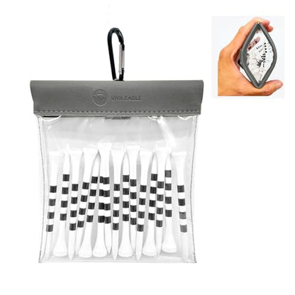 Golf Tee Pouch Bag Organizer with Clip, Transparent Squeeze Top Pocket for Golf Accessory and Valuable | 15 Bamboo Tees Included - color: Grey