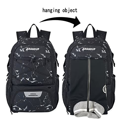 GRANDUP Basketball backpack with ball and shoes compartment Fit Volleyball, soccer, Swim, Gym, Travel, and School, large capacity sports training equipment bags - color: black marble