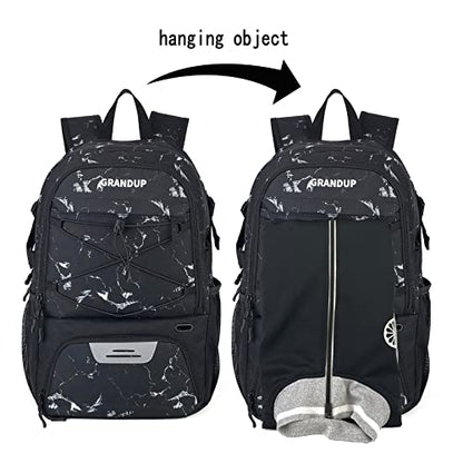 GRANDUP Basketball backpack with ball and shoes compartment Fit Volleyball, soccer, Swim, Gym, Travel, and School, large capacity sports training equipment bags - color: black marble