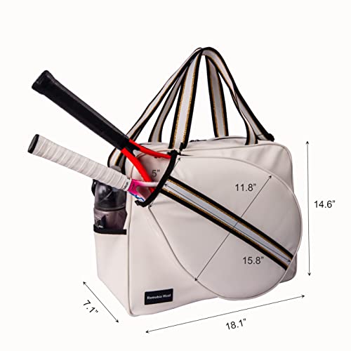 Remobia Hicol White PU Leather Women Large Sports Handbag Tennis Racket Shoulder Bag Tennis Tote Bag for 2 Rackets, with Water Bottle Holder