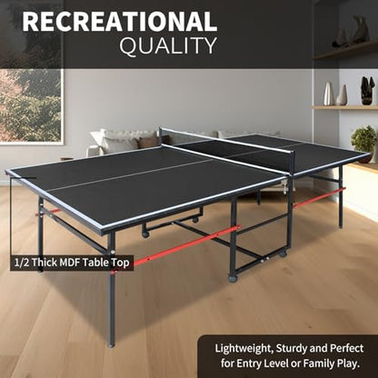 Professional Table Tennis Table, Foldable Ping Pong Game Set for Indoor, 8FT 9FT Single Player Playback Mode Ping Pong Table with Net and Post Set, 2 Paddles and 3 Balls (Black-8x4FT)
