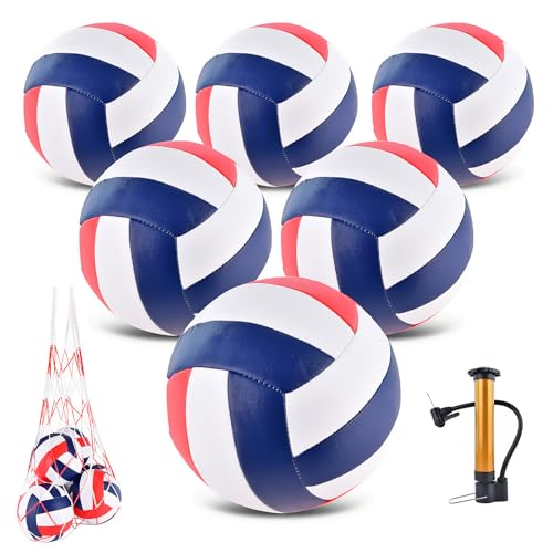 6 Pack Volleyballs Official Size 5, Soft Bulk Recreational Volley Balls with Pump and Net Bag for Indoor Outdoor Beach Pool Water Sand Game Training Match for Beginner - color: Red Navy Blue
