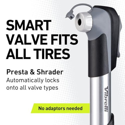 Vibrelli Mini Bike Pump - Presta & Schrader Bicycle Pump - 120 PSI Tire Pump for Road & MTB - No Valve Changing Needed - size: Mini Pump