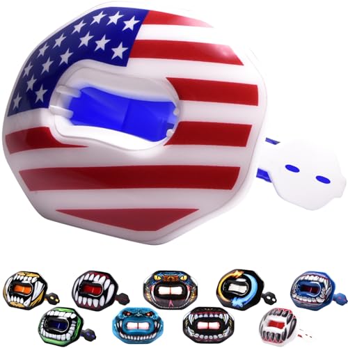 Oral Mart Flag Football Mouth Guard with 3D LipFit Design for Kids - Youth Football Mouthguard (No Boil) Cool Instant Fit Lip Guard Mouthpiece for Braces (Detachable Helmet Strap Included) - color: American Flag