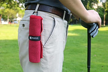 Handy Picks Microfiber Golf Towel (16" X 16") with Carabiner Clip, Waffle Pattern Golf Towel Hook and Loop Fastener - The Convenient Golf Cleaning Towel - color: Red