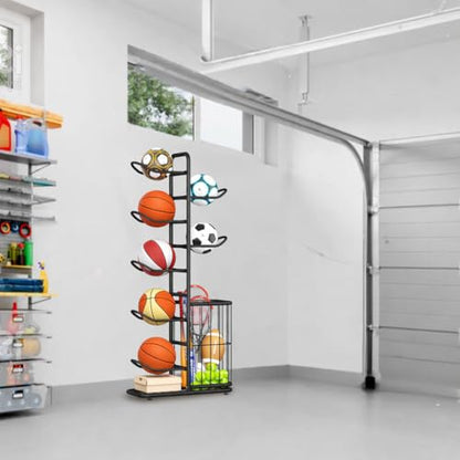 7-Ball Sports Equipment Storage Rack with Ball Holder, Ideal for Garage or Indoor Use - Organize Toys, Sports Gear and More, 57.5" (Black) - style: 7-tier with Basket