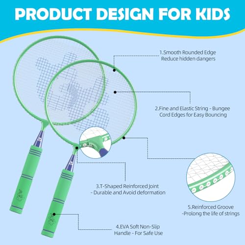 Kids Badminton Rackets Set with Soft Grip, Oversize & Lightweight Shuttlecocks Racquet with Carry Bag for Children Youth, 2 Player Sport Game for Indoor Outdoor Backyard