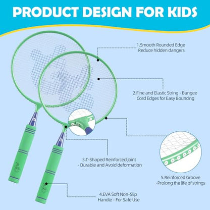 Kids Badminton Rackets Set with Soft Grip, Oversize & Lightweight Shuttlecocks Racquet with Carry Bag for Children Youth, 2 Player Sport Game for Indoor Outdoor Backyard