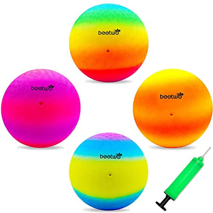 Four Square Balls, 8.5 Inch Playground Ball for Kids Outdoor Dodgeball Kickball Handball Game with Hand Pump - color: Multicolor (4 balls)