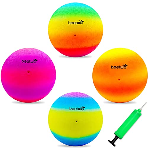 Four Square Balls, 8.5 Inch Playground Ball for Kids Outdoor Dodgeball Kickball Handball Game with Hand Pump - color: Multicolor (4 balls)