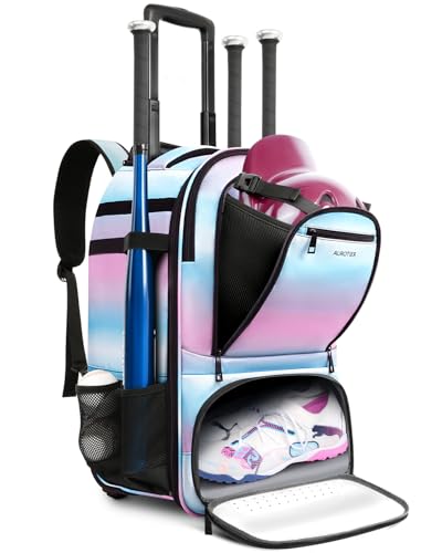 AUROTIER Rolling Baseball Backpack with Off-road Wheels, Wheeled Catchers Gear Bag for Baseball Equipment, 4 Bats, Large Softball Bag for TBall, Helmet & Accessories with Fence Hook - color: Blue-pink
