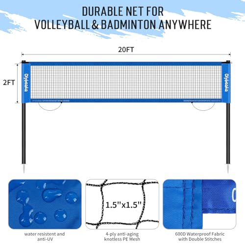 20ft Outdoor Volleyball & Badminton Combo Net Set for Backyard Beach with Adjustable Poles, Durable Anti-Sag Net, PU Volleyball, 2 Aluminum Rackets - color: Blue