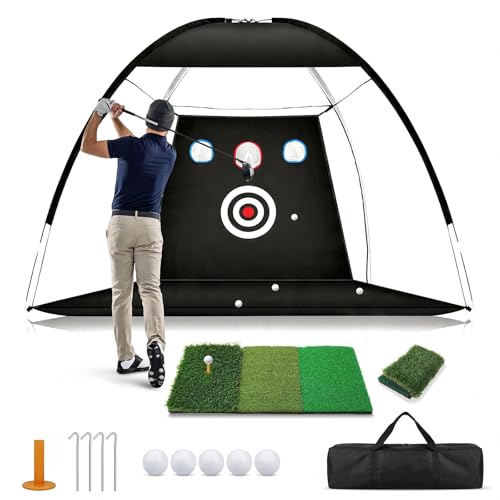 Golf Practice Net with Mat, 10x7ft Golf Hitting Net for Home Practice, Heavy Duty Garage Setup & Backyard Training Kit, Driving & Chipping Net with Target, Easy Assembly,Perfect Golf Gift for Men&Dad