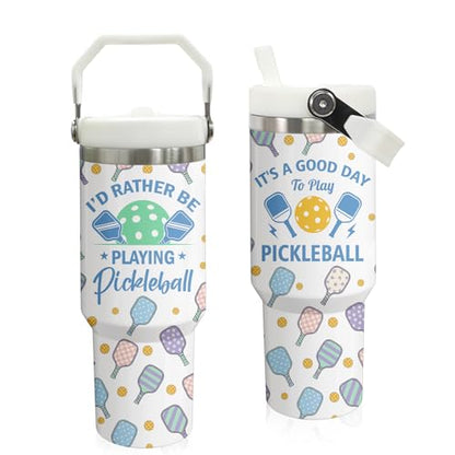 30 oz Tumbler with Handle Flip Straw Leak Proof - Pickleball Mug 30oz Tumbler Travel Coffee Mug with Handle - Birthday Gifts for Women Men Pickleball Lovers Players 30 Ounce Stainless Steel Cup - color: Pickleball White