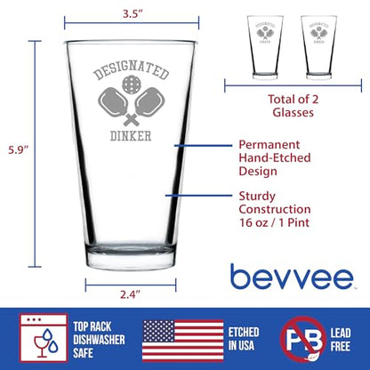 Bevvee Designated Dinker - Pint Glass for Beer - Funny Pickleball Themed Decor and Gifts - Set of 2-16 oz Glasses - style: Set of 2