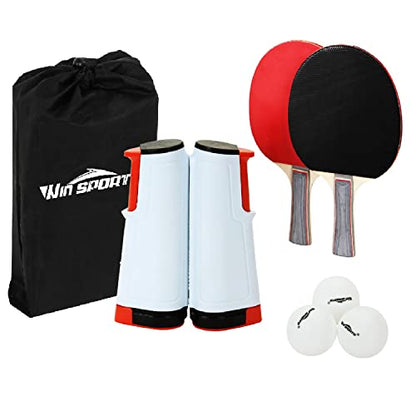 Ping Pong Net Table Tennis - Win SPORTS Paddle Set with Retractable Net,Play Anywhere Ping Pong Net for Any Table,2 Table Tennis Paddle& Rackets,3 Balls,Storage Case,Set with Retractable Table Tennis Net