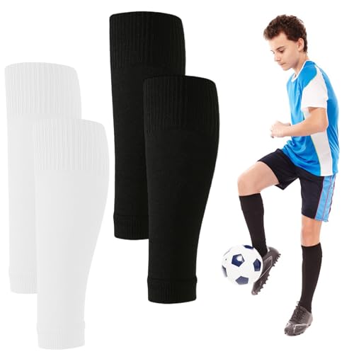 2 Pairs Pre Cut Soccer Socks, Soccer Sock Sleeves and Shin Guard Sleeves for Youth Men and Women, Breathable Stretch Calf Support, Secure Fit Leg Covers for Training Practice and Matches - color: Black＋White, size: Medium