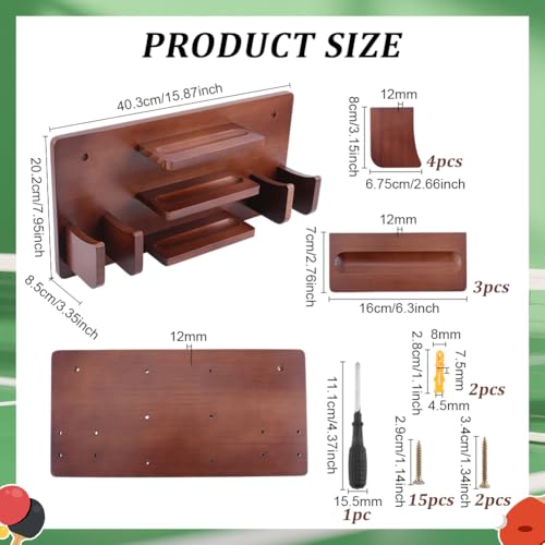 FINGERINSPIRE Wall Mounted Ping Pong Paddle Holder Pine Wood Rack Holds 6 Paddles and 12 Balls Table Tennis Rack with Installation Kit Brown Paddle Holder Space-Saving Racket Storage for Game Room