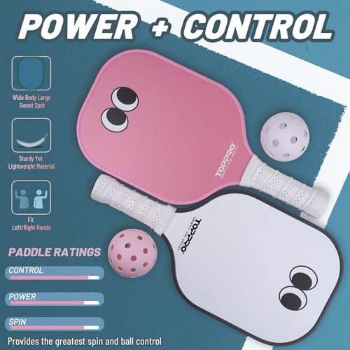 TOPPRO Pickleball Paddles Set of 2, Fiberglass Face, Polypropylene Honeycomb Core, Lightweight Pickleball Rackets 2 Pack - color: EYE Pink& White