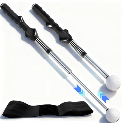 Retractable Golf Swing Training Aid, Golf Alignment Sticks for Swing Tempo & Chipping Practice, Golf Grip Trainer Right Hand with Arm Band for Beginners, Indoor Outdoor Practice