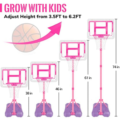 Kids Basketball Hoop with Stand, Adjustable Basketball Set, Toddler Basketball Toys for Boys Age 3 4 5 6 7 8, Indoor Outdoor Backyard Sport Game Gifts Pink - style: Pink Basketball Hoop