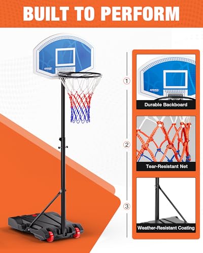 SPOYNAL LED Portable Basketball Hoop for Teens, Adjustable Height 3.8 FT–7 FT Goal System, with Fillable Base & Wheels | Perfect for Driveway, Poolside, Garage & Night Training, Pool Basketball Hoop
