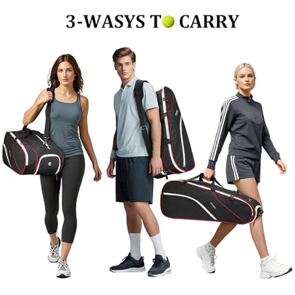 Ytonet Tennis Bag 6 Rackets, Large Tennis Racket Bag for Men Women with Insulated Pocket Shoe Compartment Water Resistant 3-Ways Carry Padded Badminton Cover for Pro/Team/Familiy Training, Black