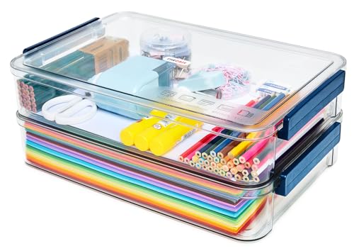 CATOOMUU 2 Pcs 5.5qt 9 x 13 Plastic Portable Project Case With Snap-Tight Latch Clear Stackable Storage Box With Lids Organizer Container For A4 File Photo Documents Scrapbook Craft Art Supplies - color: Large-Blue