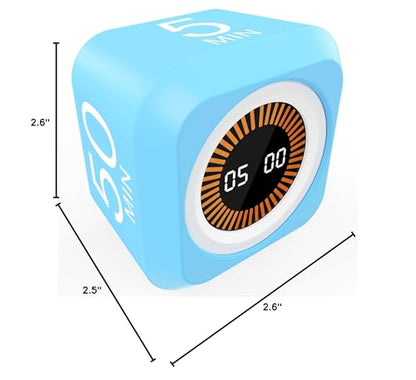 Rotating Pomodoro Cube Visual Timer 5, 25, 10 50 Minutes Preset, Rechargeable Desk Productivity Flip Timer w/Silicone Cover Custom Countdown, Silent Mode for ADHD, Study, Work, School(Blue) - color: Blue+white
