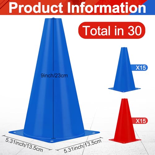 Hoteam 30 Pieces 9 Inch Traffic Cones Plastic Sport Agility Training Safety Cones Soccer Practice Equipment for Basketball Football Drills Exercise, Outdoor Activity and Events - color: Red,Blue