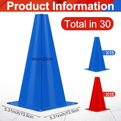 Hoteam 30 Pieces 9 Inch Traffic Cones Plastic Sport Agility Training Safety Cones Soccer Practice Equipment for Basketball Football Drills Exercise, Outdoor Activity and Events - color: Red,Blue