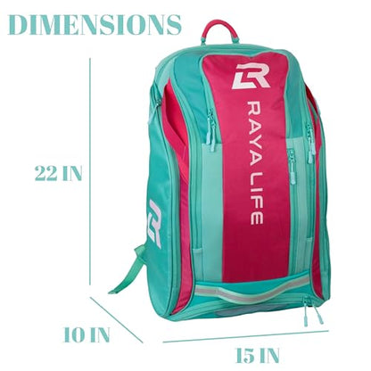Pickleball Bag - Water Proof Pickleball Backpack, Ample storage for Paddles and Gear, Fence Hook, Shoe Compartment - color: Fuchsia/Teal