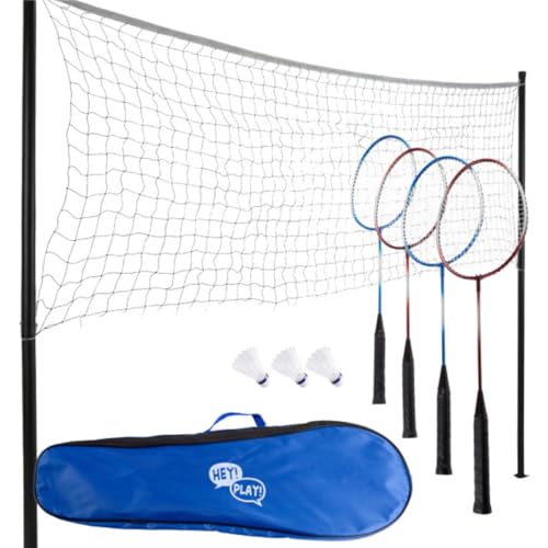 Badminton Set - Backyard Games Include 4 Badminton Rackets, 3 Birdies, Regulation-Size Net with Pole Stakes and Carry Bag - Outdoor Sports by Hey Play
