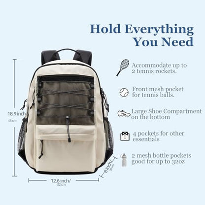 Tennis Bag, Tennis Backpack for Women Men 2 Rackets with Insulated Pocket Shoe Compartemnt for Pickleball Tennis - color: Beige