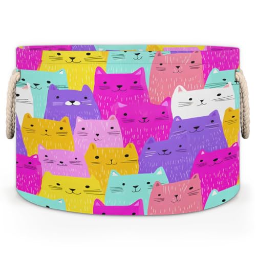 Pardick Colorful Cute Cat Large Round Storage Basket Collapsible Circle Storage Bin Laundry Hamper With Handle for Kids Toy Blanket Clothes Towel Living Room Nursery Storage Organizer Decor - color: Print 16